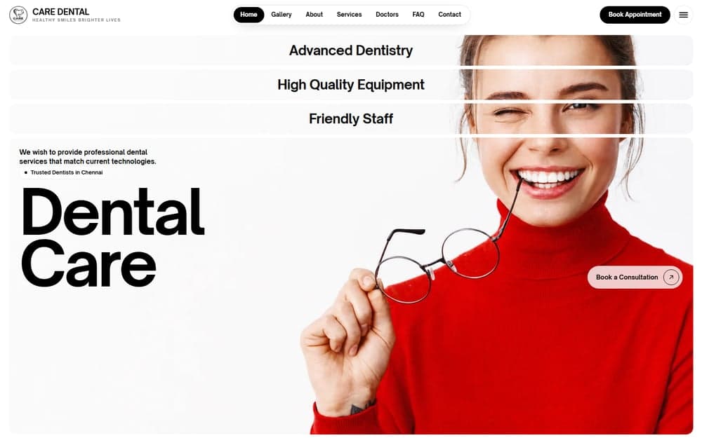 Care Dental homepage: a smiling patient beside the headline "Dental Care"
