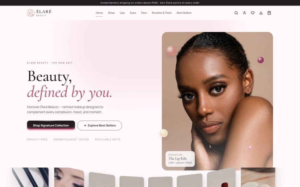Élaré Beauty homepage: a model beside the headline "Beauty, defined by you."